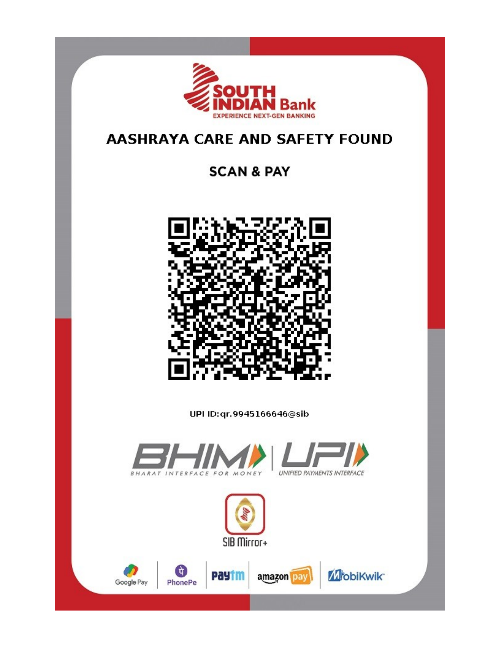Enlarged Aashraya Care and Safety Foundation donation QR code
